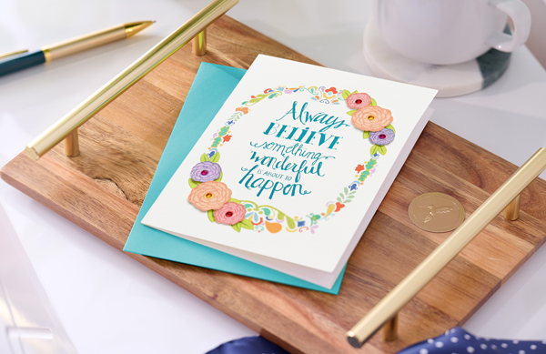 friendship floral card on wooden platter