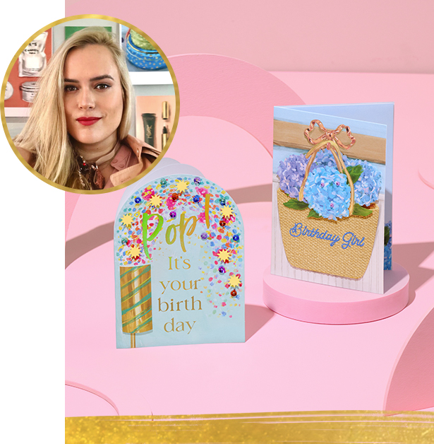 Christina Gliha Artist photo with two cards she designed