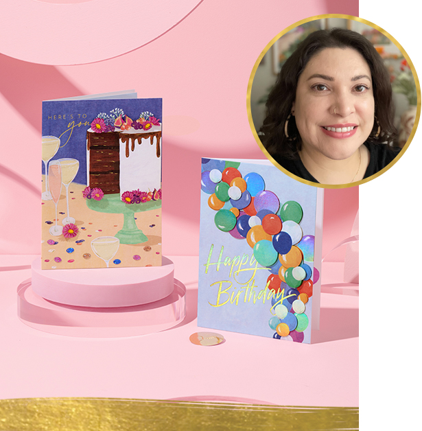 Sarah Gesek Artist photo with two cards she designed